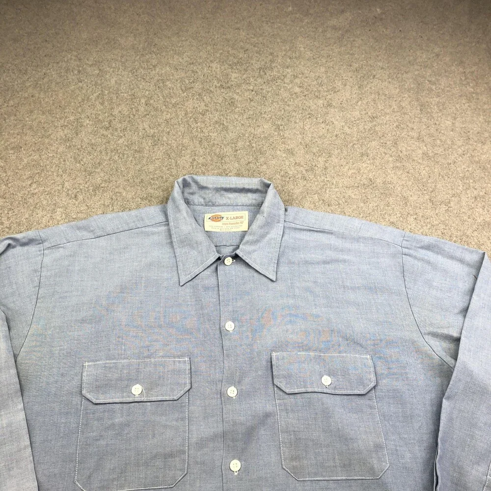 Vintage Dickies Shirt Mens XL Blue Long Sleeve Chambray Button Workwear Pockets